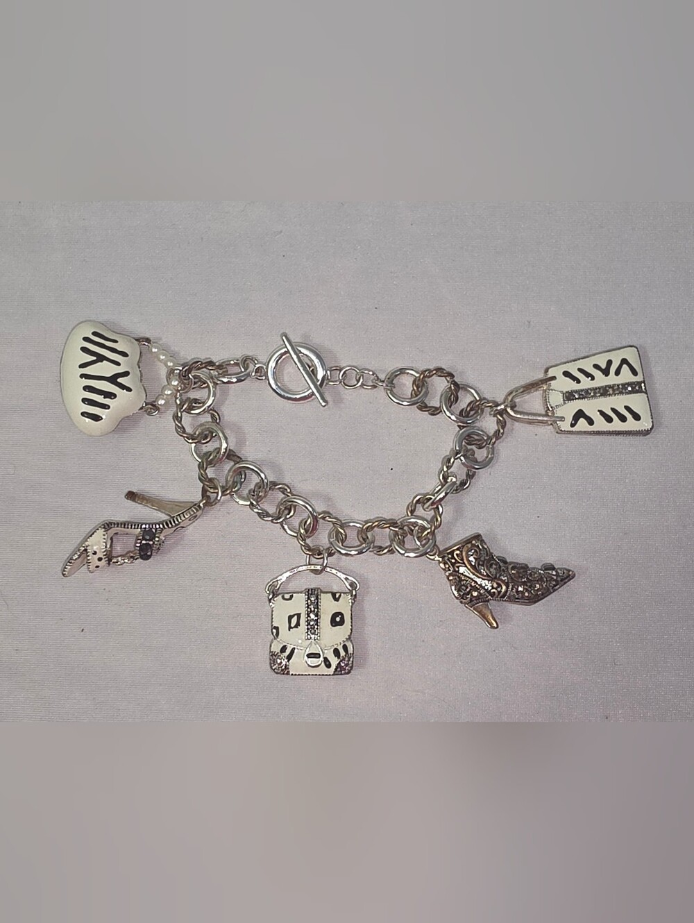 Silver-Tone Women's Charm Bracelet with White Enamel Accents